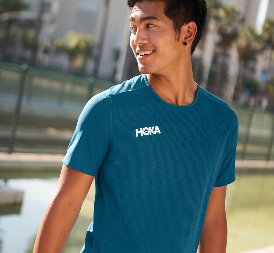 Hoka One One Tops Mens Blue - Performance Short Sleeve - 57629USFO